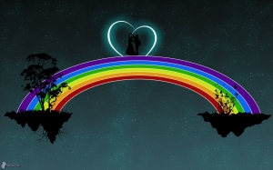 [immagini.4ever.eu] arcobaleno, coppia animata, cuore, isole volanti, siluette 159671